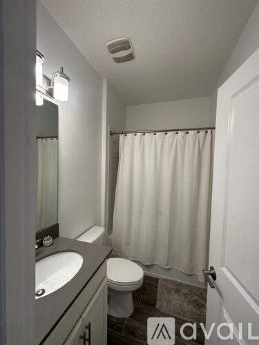 A bathroom with a toilet, sink, and shower curtain.