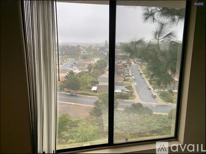 A view from a window looking out at a residential street.
