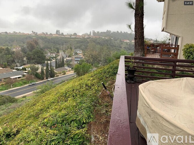 A balcony overlooks a residential street with houses and trees.