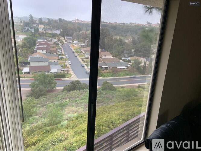 A view from a window looking out at a residential street.