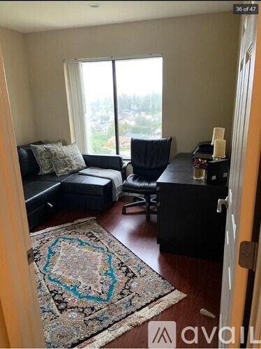 A living room with a black couch, a black chair, and a rug with a blue border.