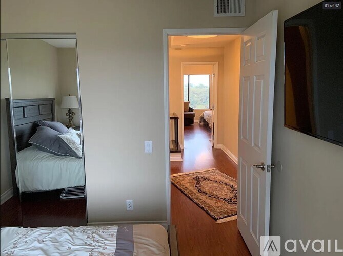 A bedroom with a bed, a rug, and a mirror.