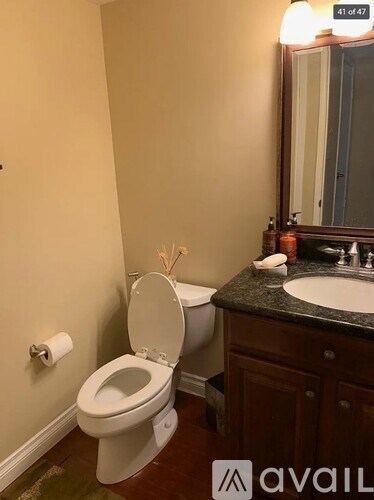 A bathroom with a toilet, sink, mirror, and a roll of toilet paper.