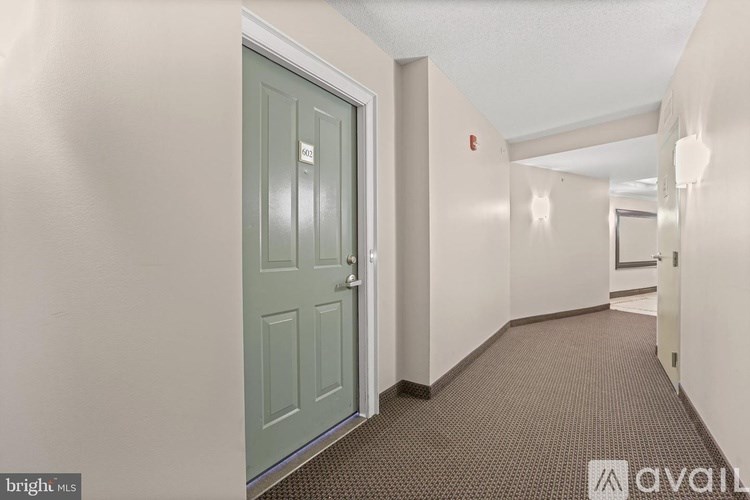 A hallway with a green door and carpeted floor.