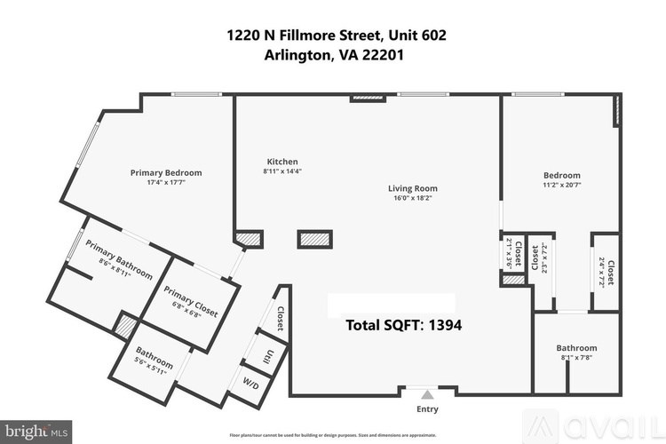 A floor plan for a 1394 square feet home with a primary bedroom, bathroom, living room, kitchen, and two closets.