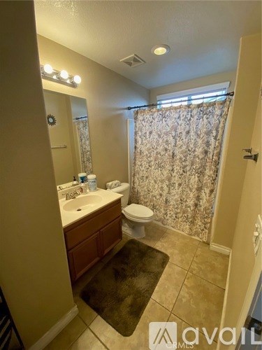 A bathroom with a toilet, sink, and shower curtain.
