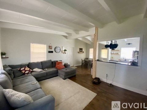 A living room with a grey couch and a white rug.