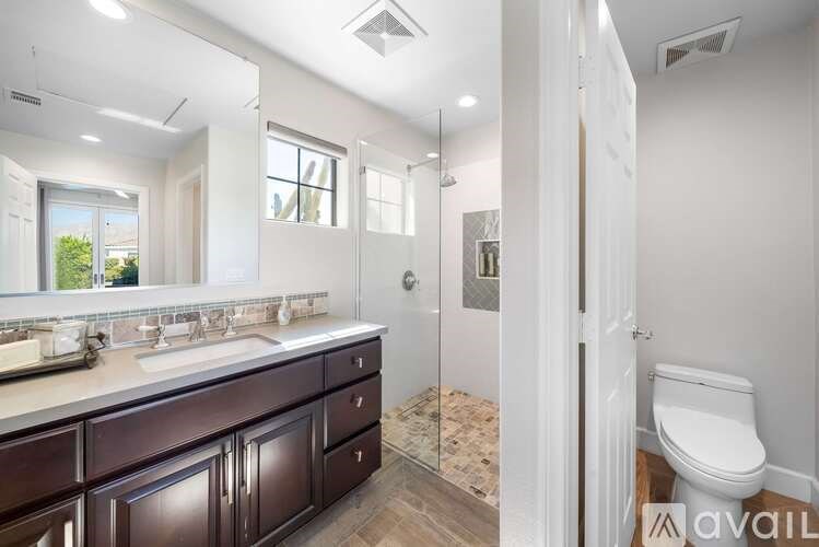 A bathroom with a white toilet and a walk-in shower.