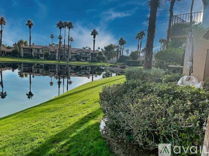A serene landscape with a lake, palm trees, and a building in the background.