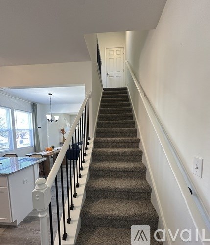 A staircase with a carpeted runner and black handrails.