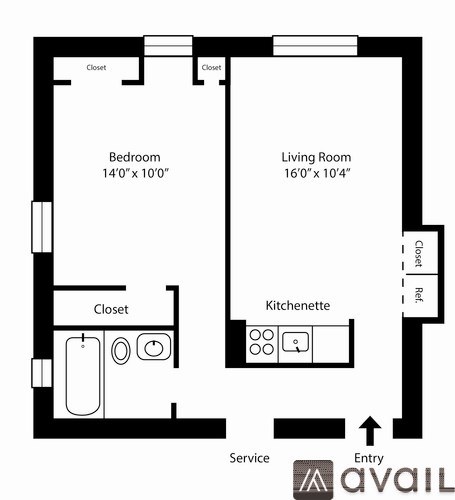 A floor plan of a small apartment with a bedroom, living room, kitchenette, and closets.