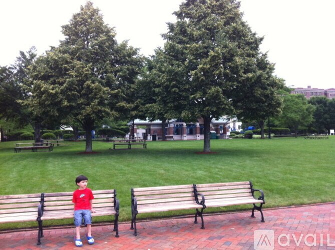 A boy in a red shirt stands in front of two benches.