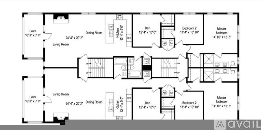 A floor plan of a house with a deck, living room, dining room, and three bedrooms.