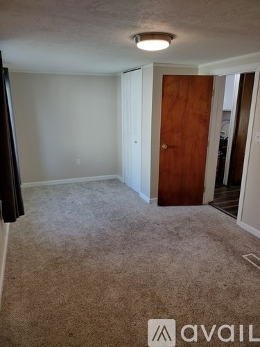 A carpeted room with a door and a light on the ceiling.