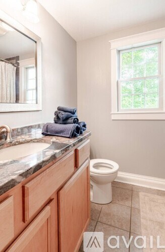 A bathroom with a toilet, sink, and a window.