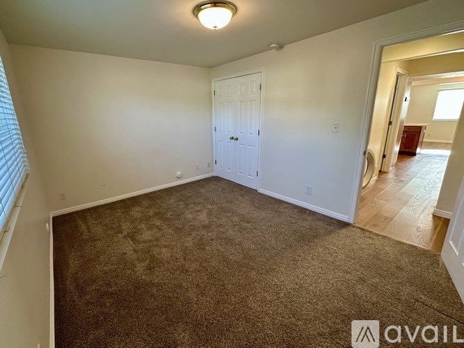 A carpeted room with a door and a window.