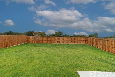 A backyard with a wooden fence and green grass.