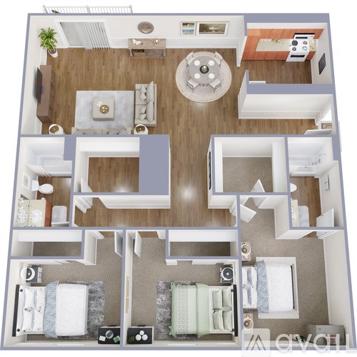 A 3D floor plan of a house with a living room, kitchen, and two bedrooms.