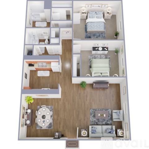 A floor plan of a house with a living room, two bedrooms, a kitchen, and a bathroom.