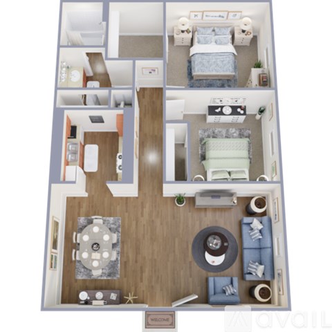 A floor plan of a small apartment with a kitchen, living room, and two bedrooms.