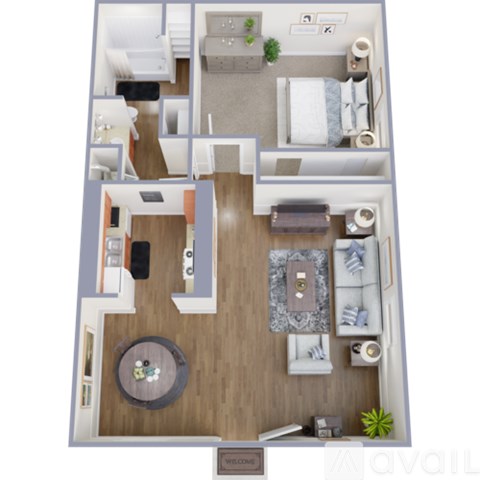 A floor plan of a small apartment with a living room, kitchen, and two bedrooms.
