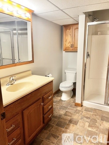 A bathroom with a sink, toilet, and shower.