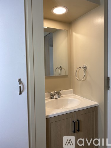 A bathroom with a sink, mirror and a towel ring.