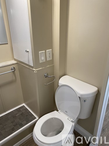 A white toilet in a bathroom with a cabinet and a shower.