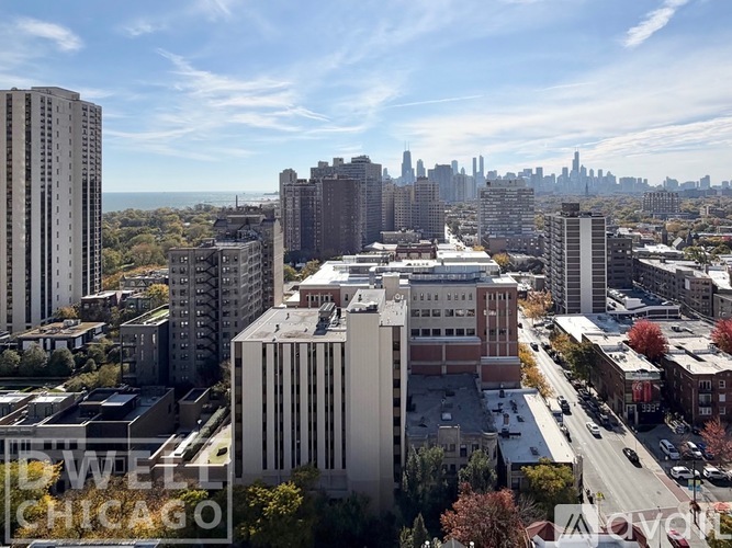 A cityscape of Chicago with buildings and a clear sky.