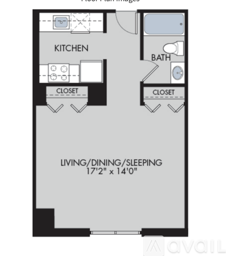 A floor plan image of a kitchen, bath, and closet.