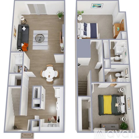 A floor plan of a two-bedroom apartment with a living room, kitchen, and bathroom.