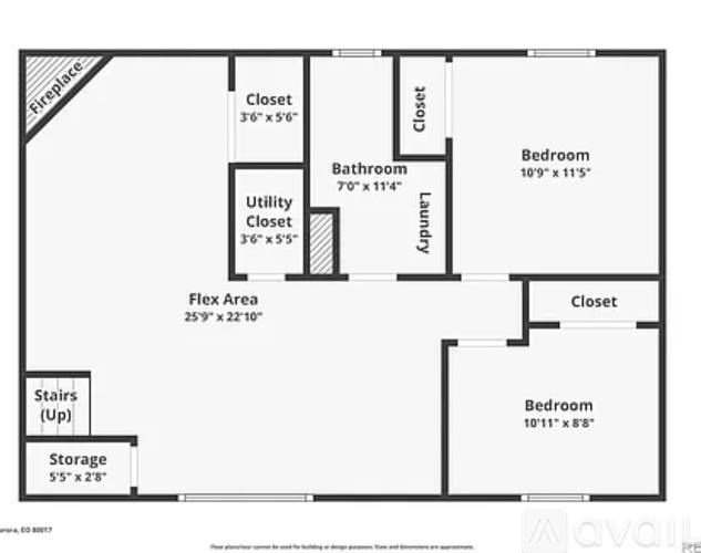 A floor plan of a house with two bedrooms, a bathroom, a utility closet, a flex area, a storage space, and a staircase.