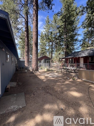 A dirt area with a building and trees in the background.