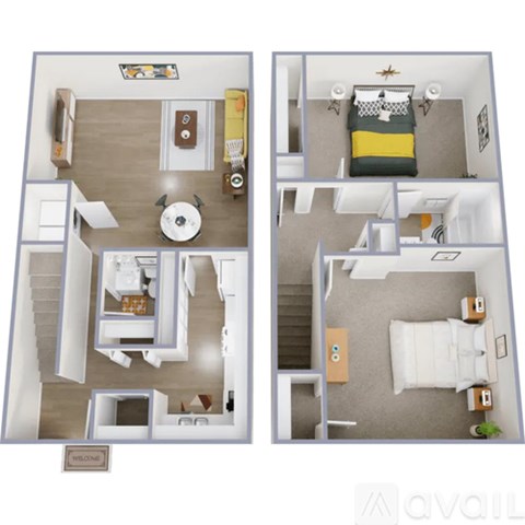 A floor plan of a two-bedroom apartment with a living room, kitchen, and bathroom.