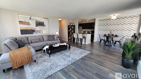 A living room with a grey couch and a rug.