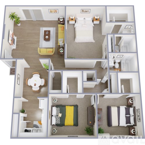 A 3D floor plan of a house with a kitchen, living room, and bedrooms.