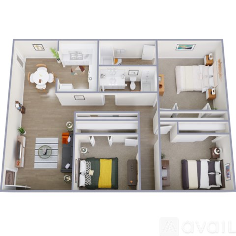 A 3D floor plan of a small apartment with a kitchen, living room, and two bedrooms.