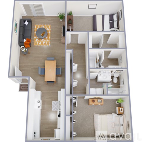 A 3D floor plan of a small apartment with a living room, kitchen, and bedroom.
