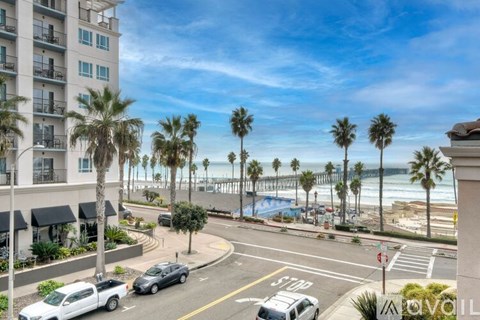A street view of a coastal area with palm trees and a white car parked on the side of the road.
