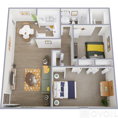 A floor plan of a small apartment with a kitchen, living room, and bedroom.