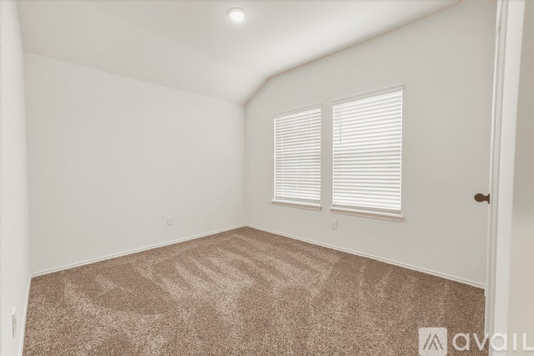 A room with carpeted floor and two windows with blinds.