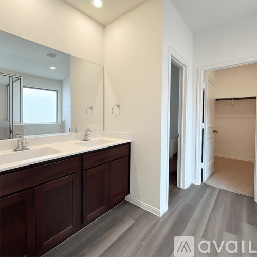 A bathroom with a double sink vanity and a walk-in closet.