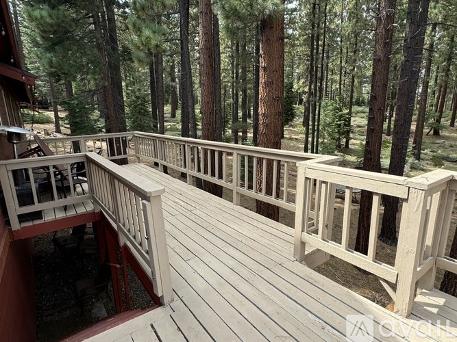 A wooden deck overlooks a forest.