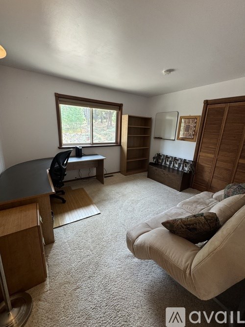 A living room with a couch, chair, and bookshelf.