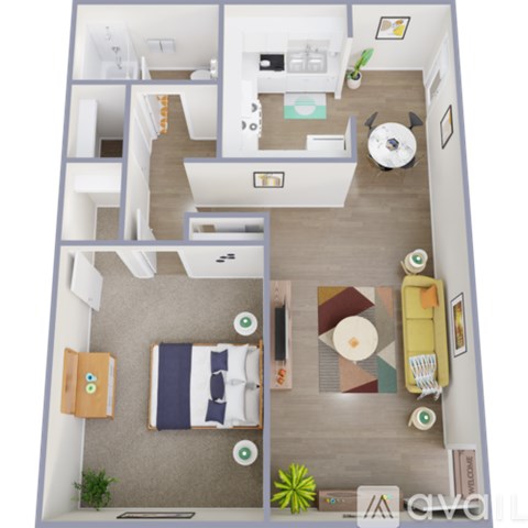 A small apartment with a bedroom, living room, and kitchen.