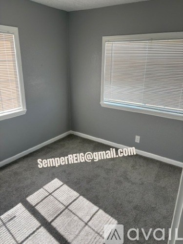 A room with a carpet and a window with blinds.