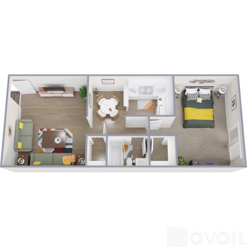 A 3D rendered image of a small apartment layout.