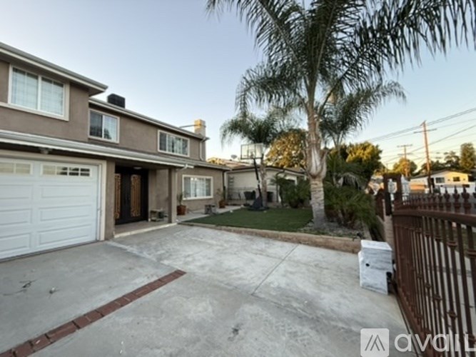 A house with a driveway and a palm tree in front.