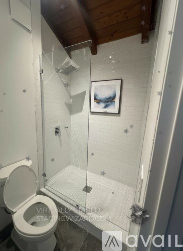 A bathroom with a toilet, a shower with a glass door, and a picture on the wall.