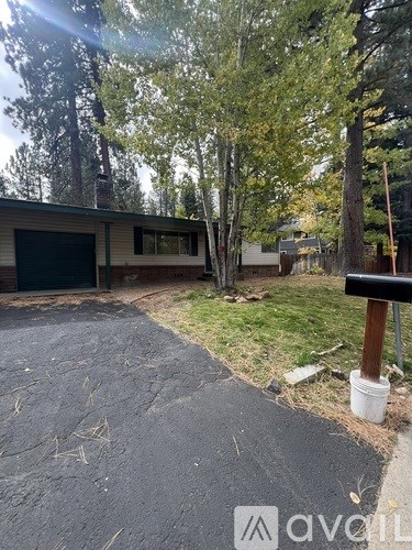 A driveway leads to a garage with a tree in the background.